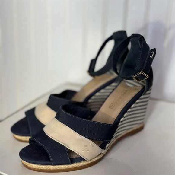 Sperry Top-Sider 9.5 Navy Tan Espadrille Wedge Sandals Striped Nautical Summer - Picture 4 of 6